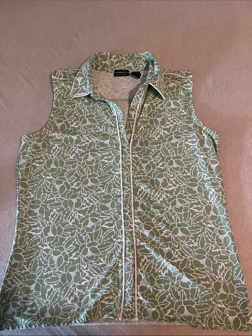 NYDJ Green and White Floral Sleeveless Zip-Front Button-Down Top